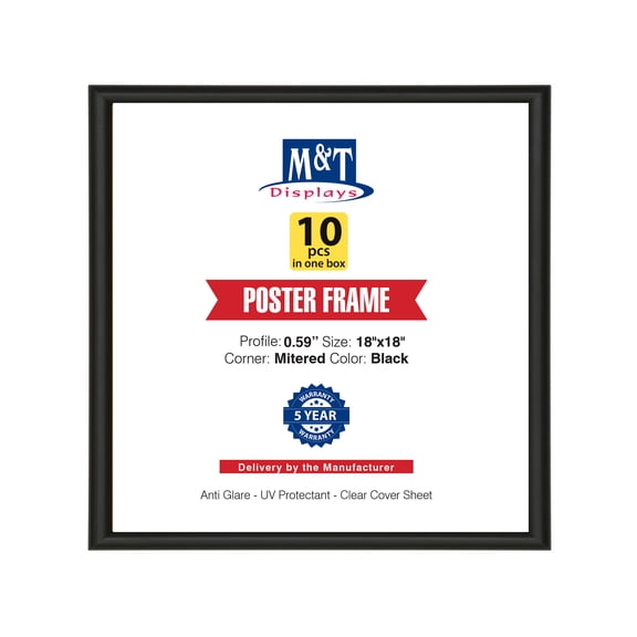 M&T Displays Snap Poster Frame 18x18 Inch Black 0.59" Aluminum Profile Front Loading Wall Mounting Picture Photo Document Certificate Sign Holder Mitered Corner Anti Glare Cover - 10 Pack