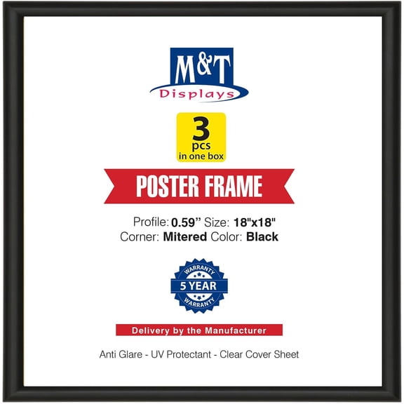 M&T Displays Snap Poster Frame 18x18 Inch Black 0.59" Aluminum Profile Front Loading Wall Mounting Picture Photo Document Certificate Sign Holder Mitered Corner Anti Glare Cover - 3 Pack