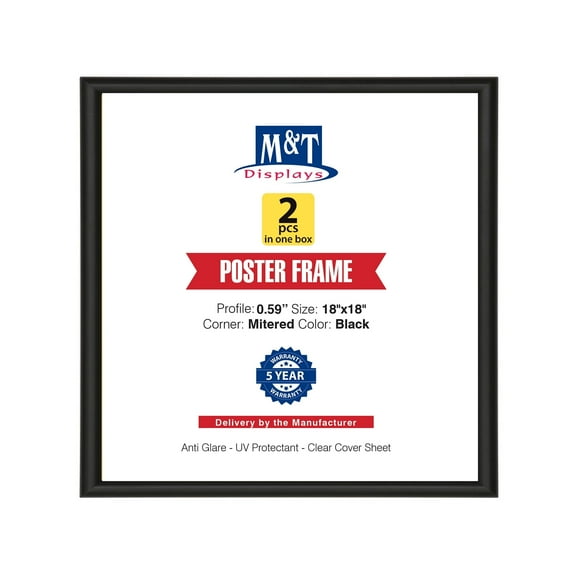 M&T Displays Snap Poster Frame 18x18 Inch Black 0.59" Aluminum Profile Front Loading Wall Mounting Picture Photo Document Certificate Sign Holder Mitered Corner Anti Glare Cover - 2 Pack