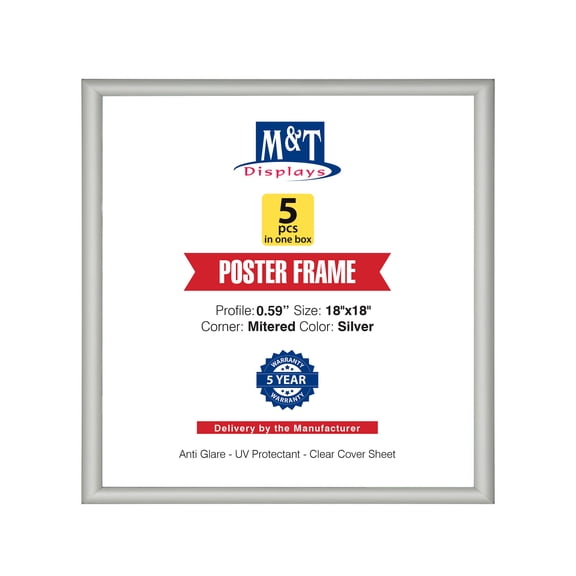 M&T Displays Snap Poster Frame 18x18 Inch Silver 0.59" Aluminum Profile Front Loading Wall Mounting Picture Photo Document Certificate Sign Holder Mitered Corner Anti Glare Cover - 5 Pack