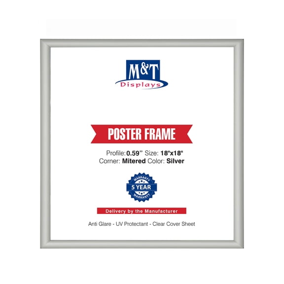 M&T Displays Snap Poster Frame 18x18 Inch Silver 0.59" Aluminum Profile Front Loading Wall Mounting Picture Photo Document Certificate Sign Holder Mitered Corner Anti Glare Cover