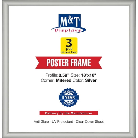 M&T Displays Snap Poster Frame 18x18 Inch Silver 0.59" Aluminum Profile Front Loading Wall Mounting Picture Photo Document Certificate Sign Holder Mitered Corner Anti Glare Cover - 3 Pack