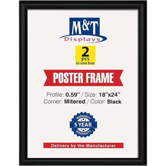 M&T Displays Snap Poster Frame 18x24 Inch Black 0.59" Aluminum Profile Front Loading Wall Mounting Picture Photo Document Certificate Sign Holder Mitered Corner Anti Glare Cover (2 pack)
