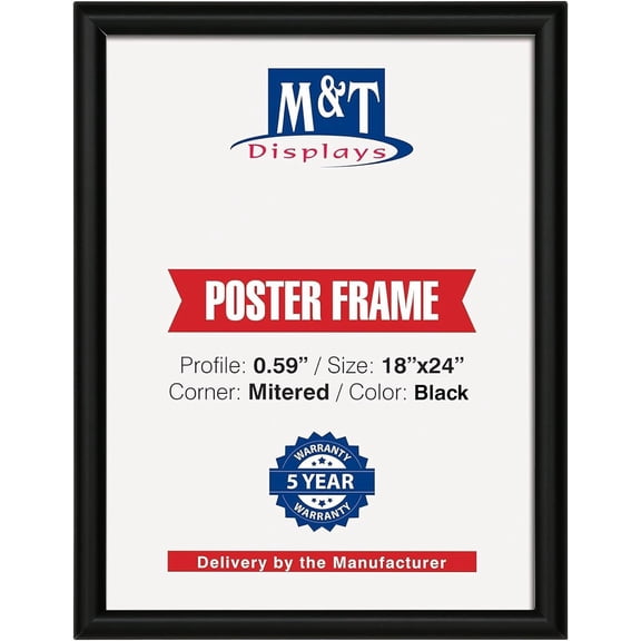 M&T Displays Snap Poster Frame 18x24 Inch Black 0.59" Aluminum Profile Front Loading Wall Mounting Picture Photo Document Certificate Sign Holder Mitered Corner Anti Glare Cover