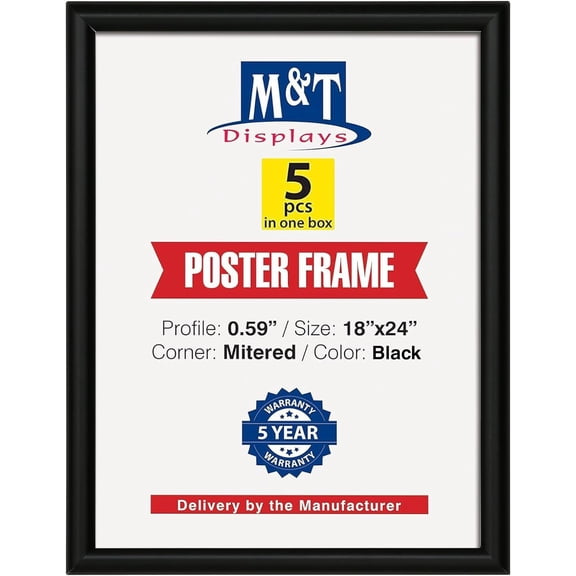 M&T Displays Snap Poster Frame 18x24 Inch Black 0.59" Aluminum Profile Front Loading Wall Mounting Picture Photo Document Certificate Sign Holder Mitered Corner Anti Glare Cover (5 pack)
