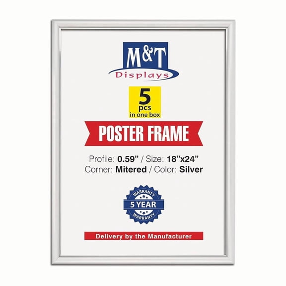 M&T Displays Snap Poster Frame 18x24 Inch Silver 0.59" Aluminum Profile Front Loading Wall Mounting Picture Photo Document Certificate Sign Holder Mitered Corner Anti Glare Cover (5 pack)