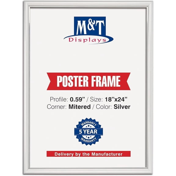 M&T Displays Snap Poster Frame 18x24 Inch Silver 0.59" Aluminum Profile Front Loading Wall Mounting Picture Photo Document Certificate Sign Holder Mitered Corner Anti Glare Cover