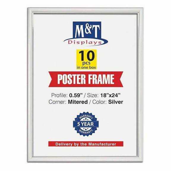 M&T Displays Snap Poster Frame 18x24 Inch Silver 0.59" Aluminum Profile Front Loading Wall Mounting Picture Photo Document Certificate Sign Holder Mitered Corner Anti Glare Cover (10 pack)