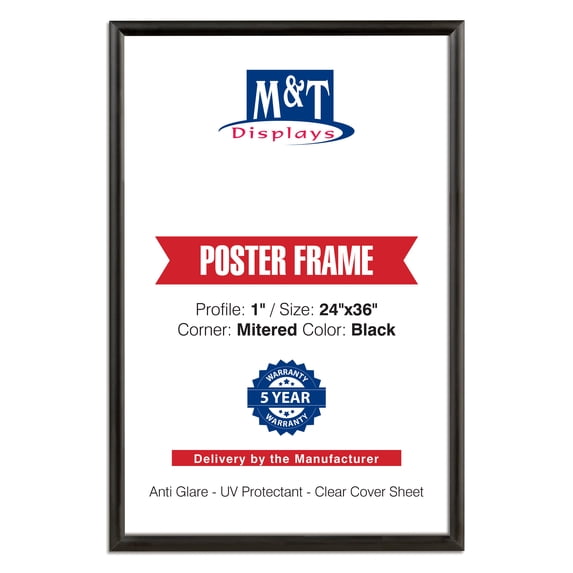 M&T Displays Snap Poster Frame 24x36 Inch Black 1" Aluminum Profile Front Loading Wall Mounting Photo Picture Document Certificate Sign Holder Mitered Corner Anti Glare Cover