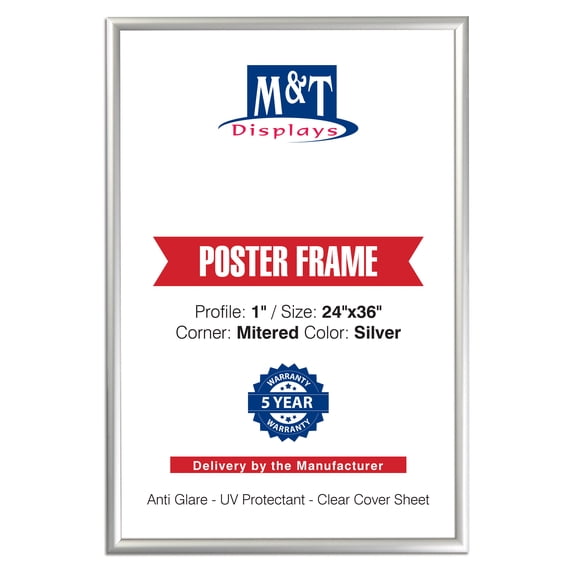 M&T Displays Snap Poster Frame 24x36 Inch Silver 1" Aluminum Profile Front Loading Wall Mounting Photo Picture Document Certificate Sign Holder Mitered Corner Anti Glare Cover