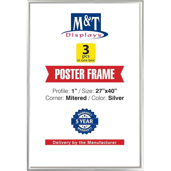 M&T Displays Snap Poster Frame 27x40 Inch Silver 1" Aluminum Profile Wall Mounting Photo Picture Document Certificate Sign Holder (3 pack)