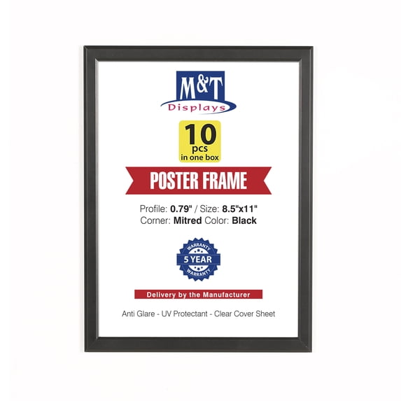 M&T Displays Snap Poster Frame 8.5x11 Inch Black 0.79" Aluminum Profile Easy Front Loading Wall Mounting Photo Picture Document Sign Holder Mitered Corner Anti Glare Cover (10 pack)