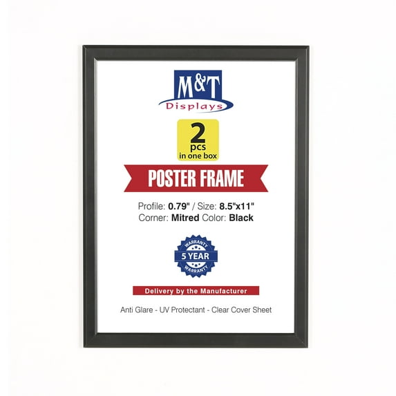 M&T Displays Snap Poster Frame 8.5x11 Inch Black 0.79" Aluminum Profile Easy Front Loading Wall Mounting Photo Picture Document Sign Holder Mitered Corner Anti Glare Cover (2 pack)