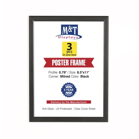M&T Displays Snap Poster Frame 8.5x11 Black Aluminum Photo Picture Document Sign Holder (3 pack)