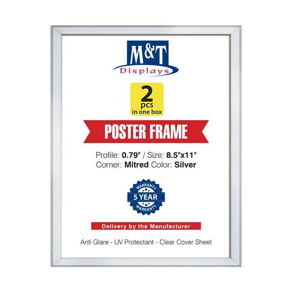 M&T Displays Snap Poster Frame 8.5x11 Inch Silver 0.79" Aluminum Profile Easy Front Loading Wall Mounting Photo Picture Document Sign Holder Mitered Corner Anti Glare Cover (2 pack)