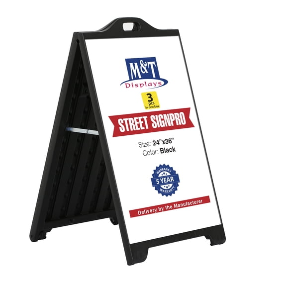 M&T Displays Street SignPro Board, 24x36 Inch Poster Black Weatherproof Sandwich Board A-Frame Sidewalk Curb Sign Holder Folding Portable Double Sided Advertising Display for Restaurant Cafe (3 pack)