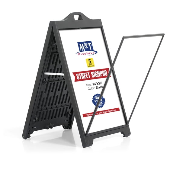 M&T Displays Street SignPro without Lens Protective Cover, 24x36 Inch Poster Black Double Sided Sandwich Board Folding A-Frame Sidewalk Curb Sign Portable Menu Display for Restaurant Cafe (5 pack)