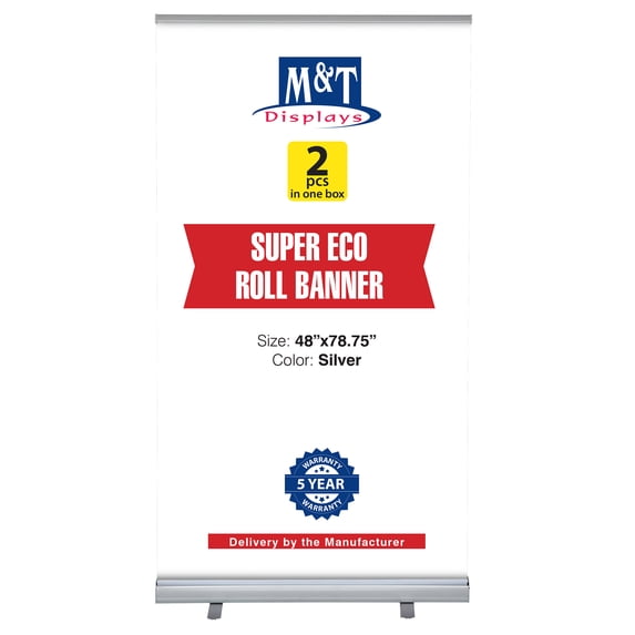 M&T Displays Super Eco Retractable Roll Up Banner Floor Standing 48x78.75 Inch Display Stand Silver Aluminum Profile with Carrying Bag for Convention, Conference, Trade Show, Office (2 pack)