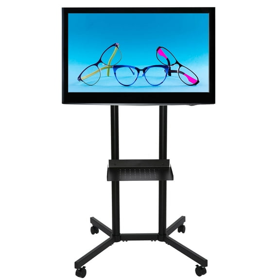 M&T Displays Mobile TV Cart for 30"-50" Flat & Curved Screens | Adjustable Height, Tilt, Locking Wheels, Media Shelf & Cable Management | Home, Office & Commercial Use