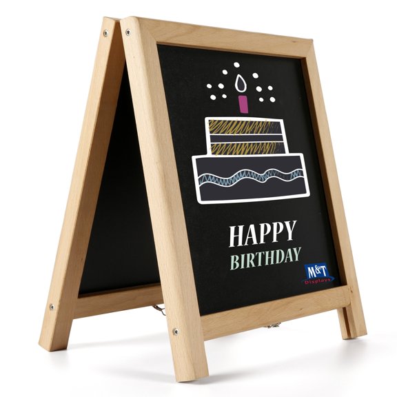 M&T Displays Tabletop Double-Sided Mini A Board with Erasable Chalkboard, Ad Frame for Restaurant, Store, Office, Wedding, Party, Event, Home (Natural Wood, 12x14)