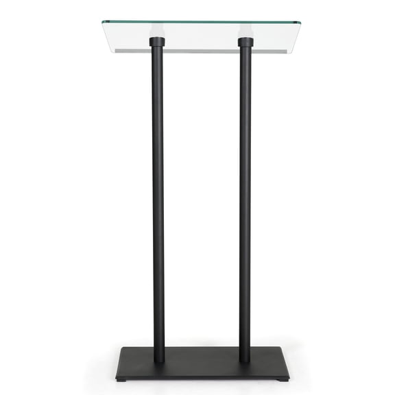 M&T Displays Tempered Clear Glass Podium Black Aluminum Body and Base 43.9 Inch Height Floor Standing Lectern Pulpit Desk