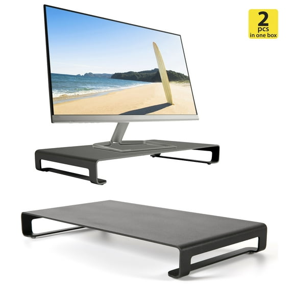 M&T Displays Universal Monitor Stand 31 lbs Safe Carrying Capacity, Aluminum Metal Shelf Organizer for Office Desk Accessories & TV Stands (Black) (2 Pack)