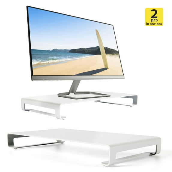 M&T Displays Universal Monitor Stand 31 lbs Safe Carrying Capacity, Aluminum Metal Shelf Organizer for Office Desk Accessories & TV Stands (White) (2 Pack)