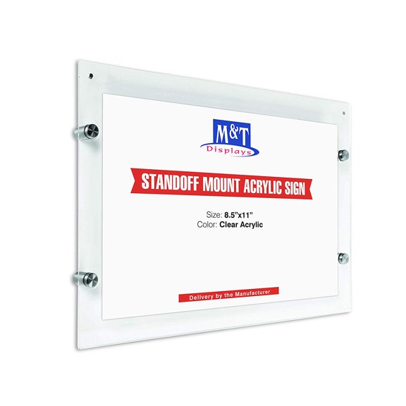 M&T Displays Wall Mount Clear Acrylic Sign Holder, 11x17 Landscape Poster Size, Magnet and Standoff Hardware Included