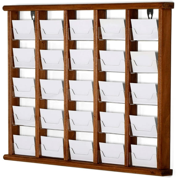 M&T Displays Wall Mount Dark Wood Card Holder Organizer 5 Tiered - 25 (5x5) Clear Acrylic Pockets