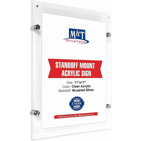 M&T Displays Wall Mount Floating Clear Acrylic Frameless Picture Frame with Brushed Silver Standoff Hardware and Magnets for 11x17 inch Sign Poster Photo Document Certificate Diploma or Display