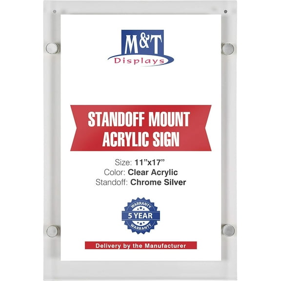 M&T Displays Wall Mount Floating Clear Acrylic Frameless Picture Frame with Chrome Silver Standoff Hardware and Magnets for 11x17 inch Sign Poster Photo Document Certificate Diploma or Display