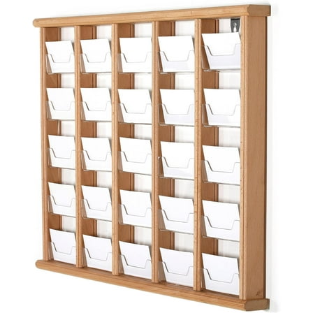 M&T Displays Wall Mount Wooden Rustic Card Holder Organizer 25 (5x5) Clear Acrylic Pockets 5 Tiered Letter Flyers Shelves for Offices Banks Schools Hospitals Natural Wood