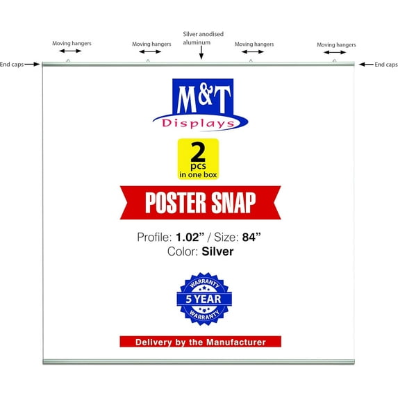 M&T Displays Wall Mounting Aluminum Snap Hanger - Brochure, Sign, Poster Holder 84 inch Silver - 2 Pack