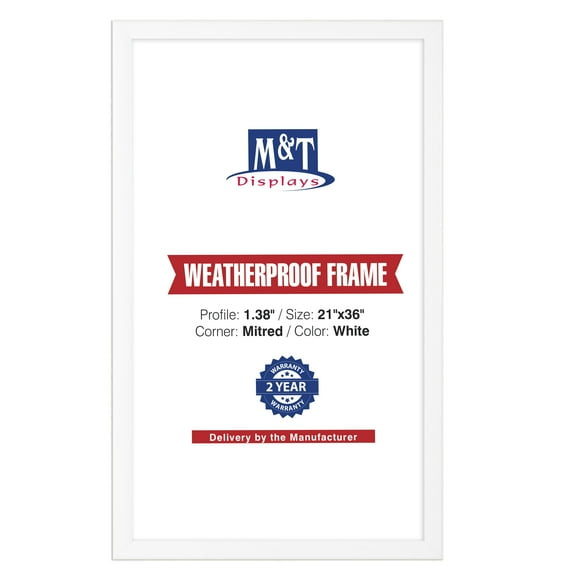 M&T Displays Weatherproof Snap Poster Frame 21x36 Inch Trafic White 1.38" Aluminum Front Loading Wall Mounting Picture Photo Document Certificate Sign Holder Mitered Corner Anti Glare Cover