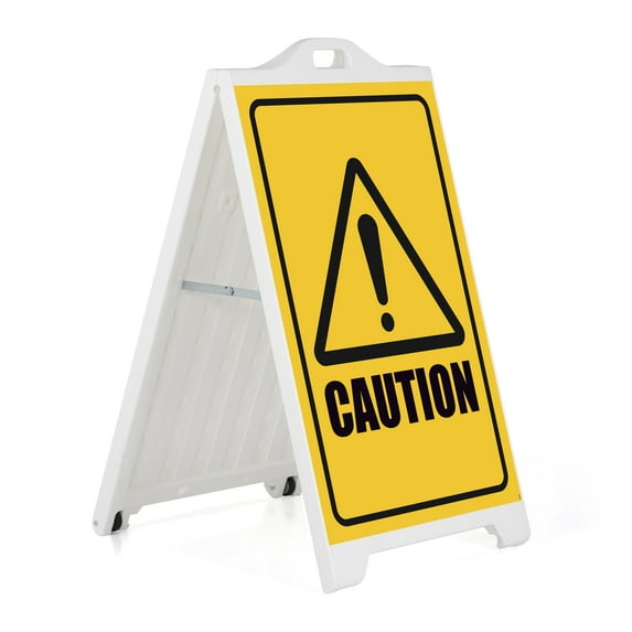M&T Displays White Street SignPro Board A-Frame Sidewalk Sign with 24x36 Caution Sticker