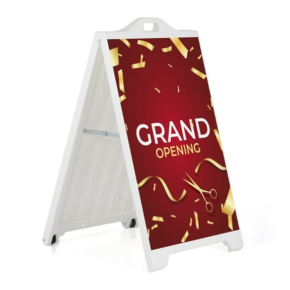 M&T Displays White Street SignPro Board, Weatherproof A-Frame Sidewalk Curb Sign with 2 24x36 inch Matt Laminated Anti-Glare GRAND OPENING Sticker Signs, Folding Portable Double Sided