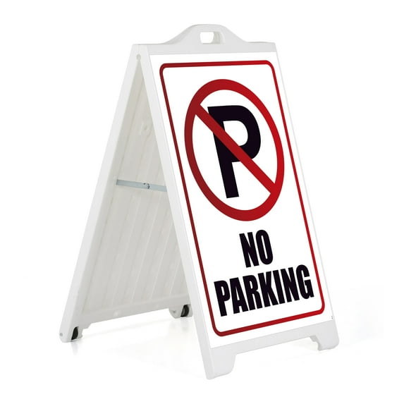 M&T Displays White Street SignPro Board, Weatherproof A-Frame Sidewalk Curb Sign with 2 24x36 inch Matt Laminated Anti-Glare NO PARKING Sticker Signs, Folding Portable Double Sided