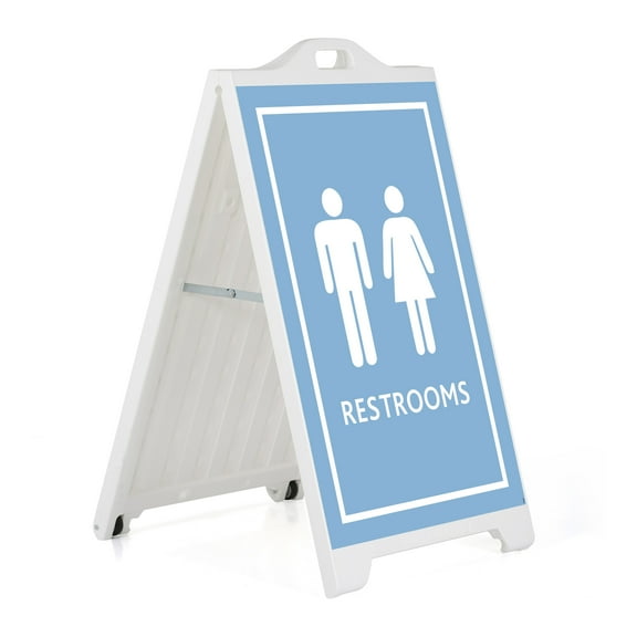 M&T Displays White Street SignPro Board, Weatherproof A-Frame Sidewalk Curb Sign with 2 24x36 inch Matt Laminated Anti-Glare RESTROOMS Sticker Signs, Folding Portable Double Sided