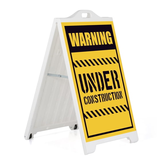 M&T Displays White Street SignPro Board, Weatherproof A-Frame Sidewalk Curb Sign with 2 24x36 inch Matt Laminated Anti-Glare WARNING UNDER CONSTRUCTION Sticker Signs, Folding Portable Double Sided