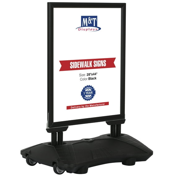 M&T Displays WindPro Lite Weather and Wind Resistant Outdoor Pavement Curb Sidewalk Sign Holder for 28x44 Inch Posters Black Aluminum Easy Front Loading Snap Frame Durable LDPE Black Water Base
