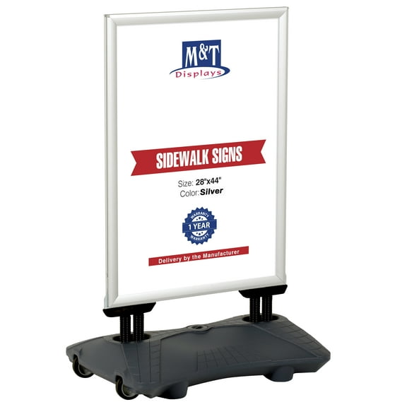 M&T Displays WindPro Lite Weather and Wind Resistant Outdoor Pavement Curb Sidewalk Sign Holder for 28x44 Inch Posters Silver Aluminum Easy Front Loading Snap Frame Durable LDPE Gray Water Base