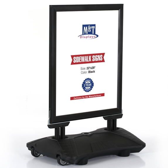 M&T Displays WindPro Weather and Wind Resistant Outdoor Pavement Curb Sidewalk Sign Holder for 22x28 Inch Posters Black Aluminum Easy Front Loading Snap Frame Durable HDPE Black NewTech Water Base