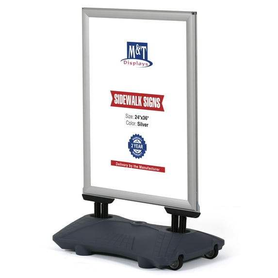 M&T Displays WindPro Weather and Wind Resistant Outdoor Pavement Curb Sidewalk Sign Holder for 24x36 Inch Posters Silver Aluminum Easy Front Loading Snap Frame Durable HDPE Gray NewTech Water Base