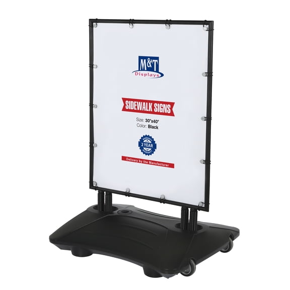 M&T Displays WindPro Weather and Wind Resistant Outdoor Pavement Curb Sidewalk Sign Holder for 30x40 Inch Posters Black Aluminum Banner Frame Durable HDPE Black Water Base
