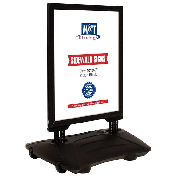 M&T Displays WindPro Weather and Wind Resistant Outdoor Pavement Curb Sidewalk Sign Holder for 30x40 Inch Posters Black Aluminum Easy Front Loading Snap Frame Durable HDPE Black Water Base
