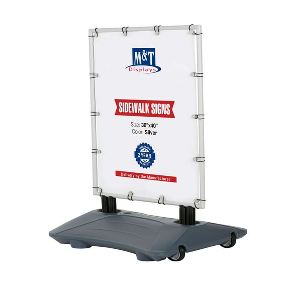 M&T Displays WindPro Outdoor Sidewalk Sign Holder 30x40 Aluminum Silver Frame with Durable Water Base