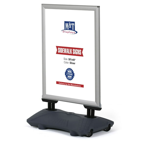 M&T Displays WindPro Weather and Wind Resistant Outdoor Pavement Curb Sidewalk Sign Holder for 30x40 Inch Posters Silver Aluminum Easy Front Loading Snap Frame Durable HDPE Gray NewTech Water Base