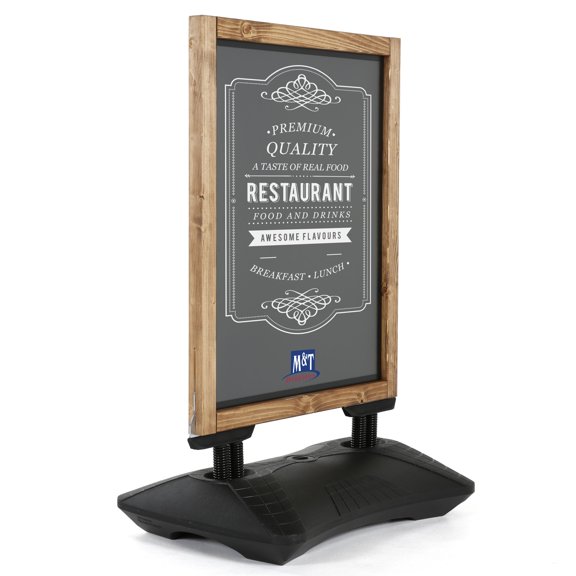 M&T Displays WindPro Wind Resistant Fir Wood Outdoor Pavement Sidewalk Sign with Magnetic Chalkboard, Durable HDPE Water Base and 2 Magnetic PET Covers (18x26.8, Dark Wood - Black)