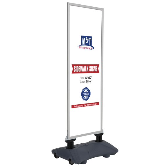 M&T Displays Windpro Slim 22x60 Inch Outdoor Pavement Sidewalk Sign Holder Wind Resistant Double Sided Silver Aluminum Easy Top Loading Slide-In Poster Frame HDPE Gray Water Base