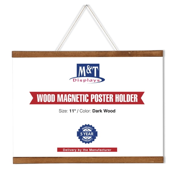 M&T Displays Wood Magnetic Poster Holder 11 inch Dark Wood Hanger Frame for Hanging Picture Wall Artwork Canvas Painting Photo World Map Beech Wood